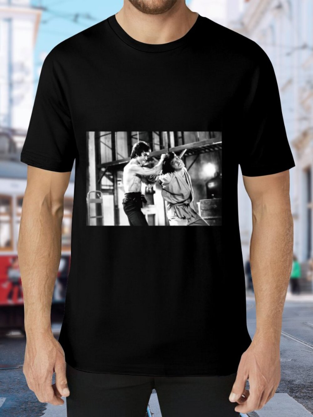Black Short Sleeve Graphic Tee with Movie Fight Scene